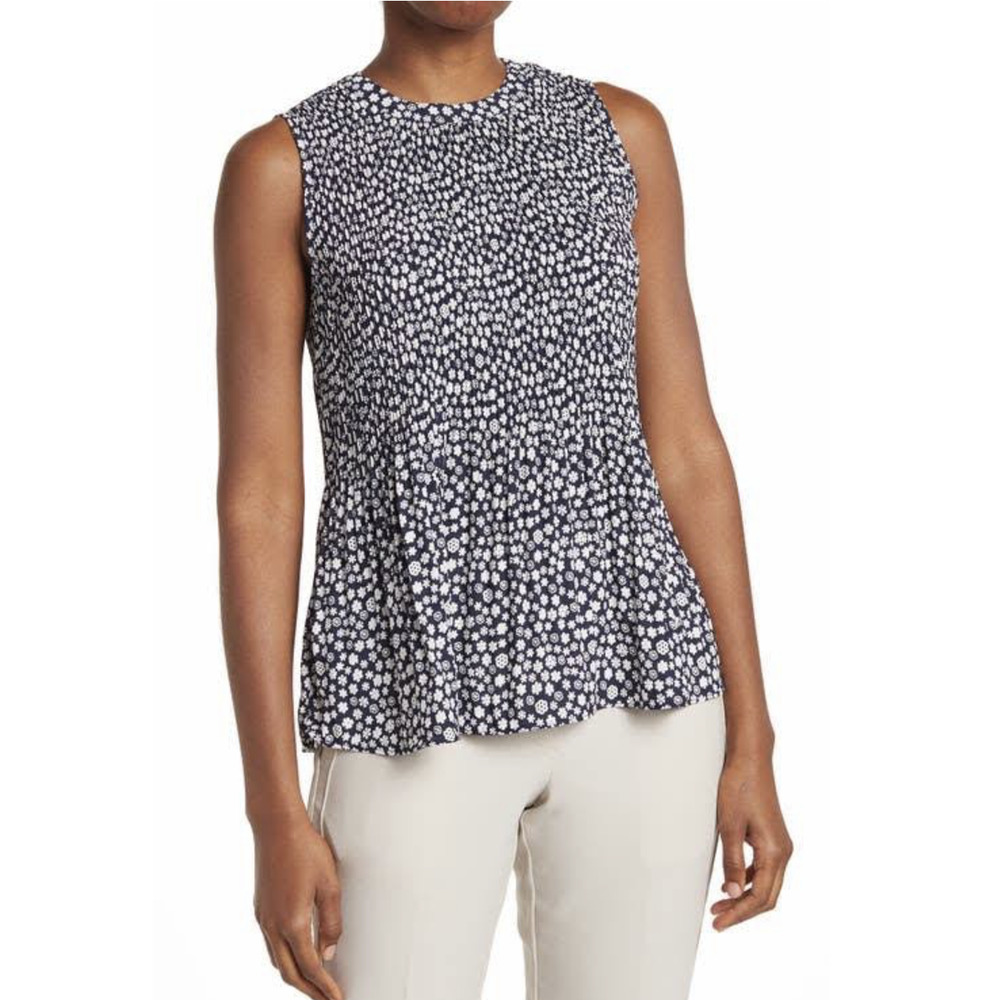 Adrianna Papell Woven Pleat Sleeveless Blouse Blue & White Size XL